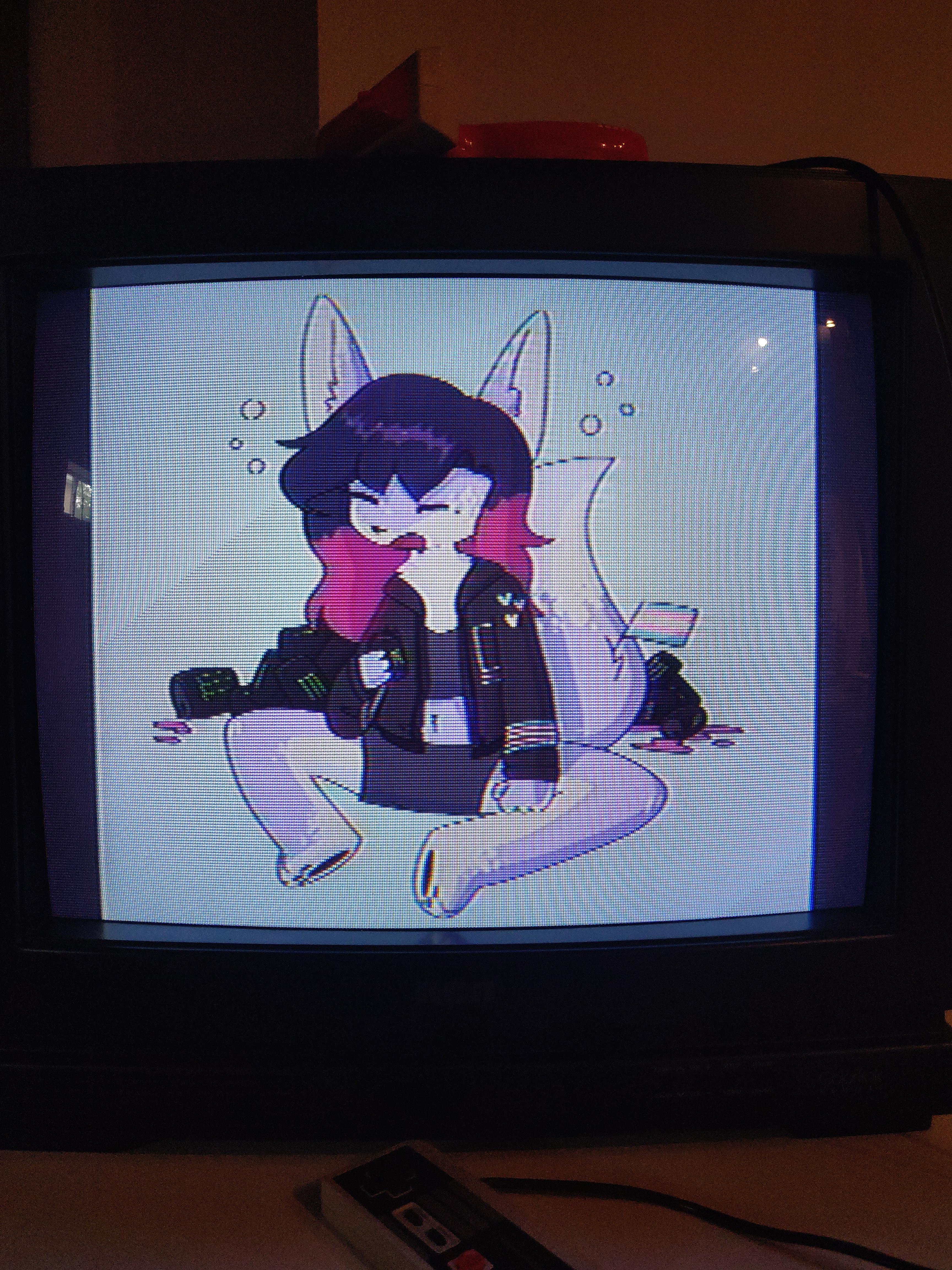 the first commission of my fursona, on a CRT TV